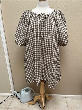 notPERFECTLINEN Mari Puff Sleeve Dress, Lightweight Chocolate Gingham, M, NWOT